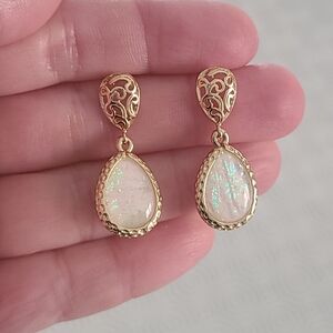 Vintage Boho Baroque Style Gold Tone Filigree Opal Cabochon Drop Earrings